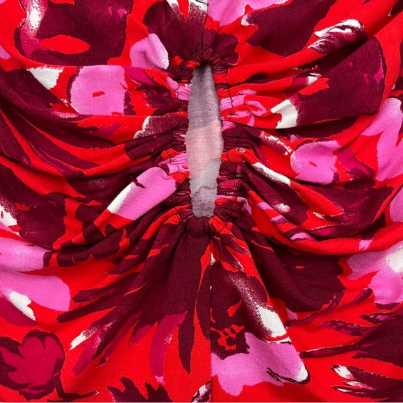 MODA INTERNATIONAL Vintage Y2K Red Pink Floral Tropical Ruched Keyhole Tank Top - Picture 4 of 9